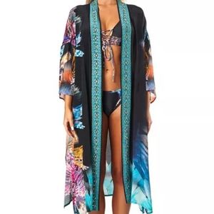 NEW LA MODA TRUE COLORS 100% SILK OPEN FRONT KAFTAN COVER UP AND SWIMSUIT  SET.